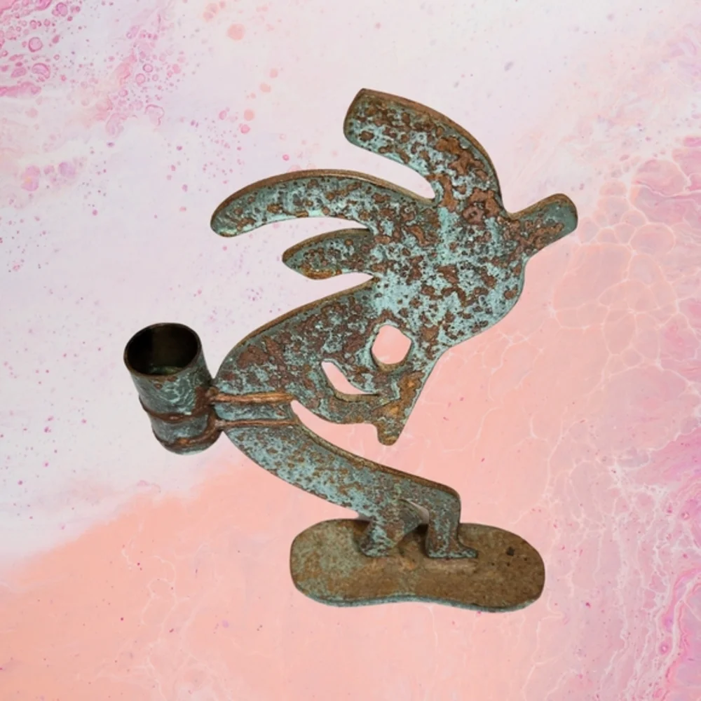 Vtg Kokopelli Handmade Cast iron Metal Candle holder/ Figurine‎  Folk Art Solid
